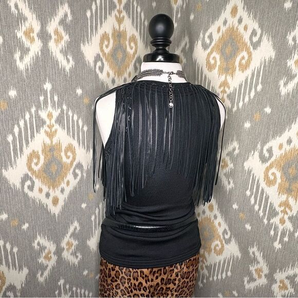 Ralph Lauren Black Label Jet Black Leather Fringe Tank Top - Picture 10 of 16